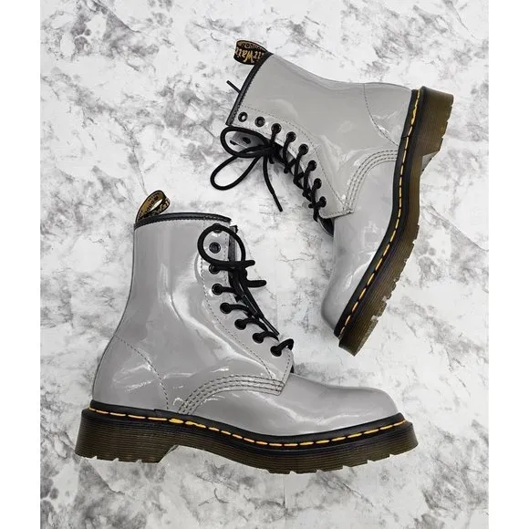 Dr. Martens 27635 Gray Patent Leather Women's Combat Boots Size 7