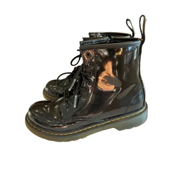 Dr Martens Black Combat Boots Youth size 2 Leather Lace Up Side Zip 1460J
