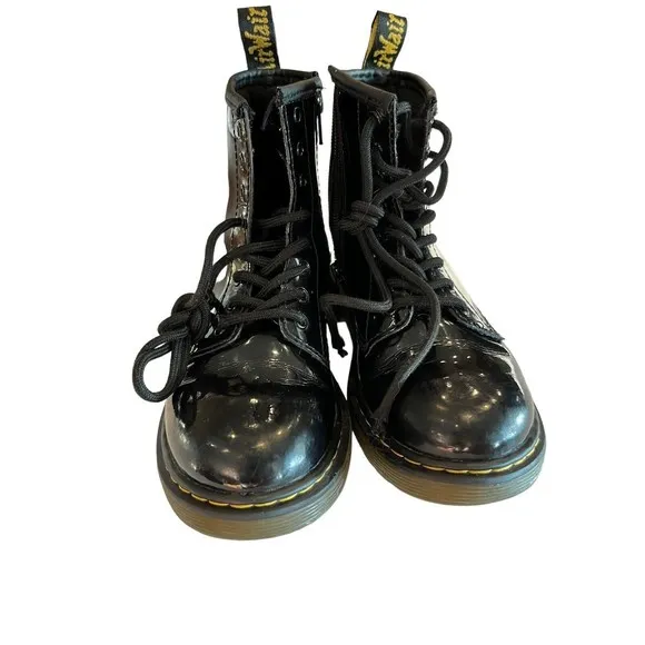 Dr Martens Black Combat Boots Youth size 2 Leather Lace Up Side Zip 1460J