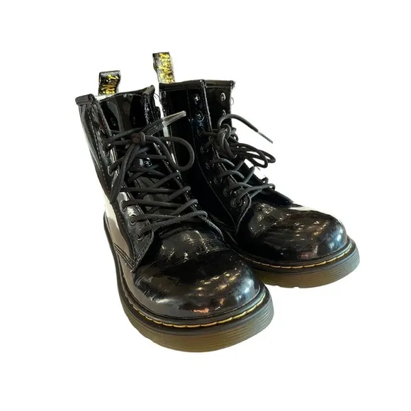 Dr Martens Black Combat Boots Youth size 2 Leather Lace Up Side Zip 1460J