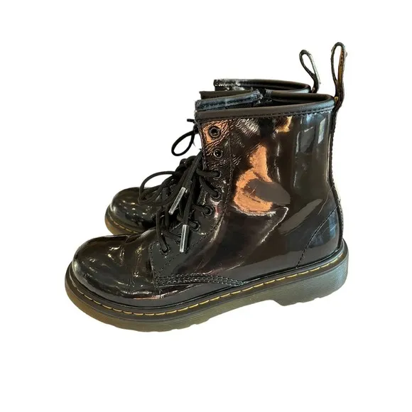 Dr Martens Black Combat Boots Youth size 2 Leather Lace Up Side Zip 1460J