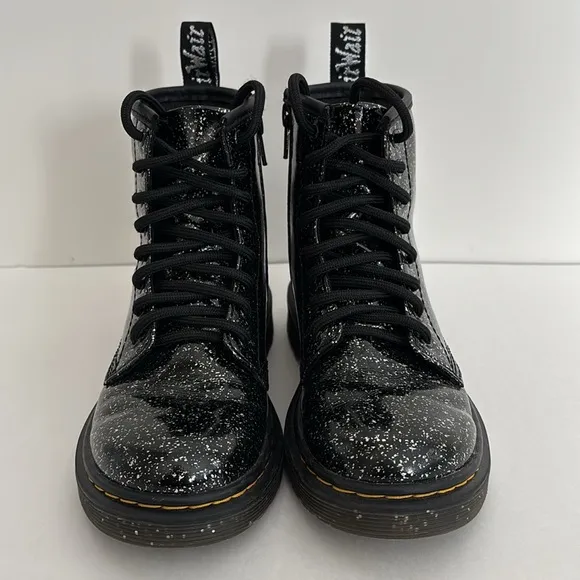 Dr. Martens Black Cosmic Glitter Combat Lace Up Boots 1460 J Girls Size‎ 1 NEW
