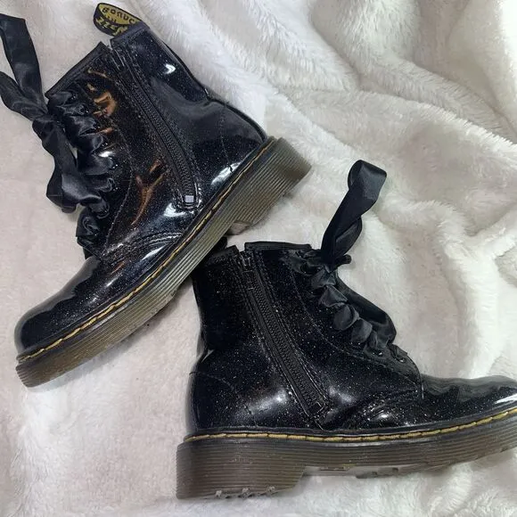 Dr. Martens Black Sparkle Shiny Glitter 1460 Lace Up Kids Girls Combat Boots 12