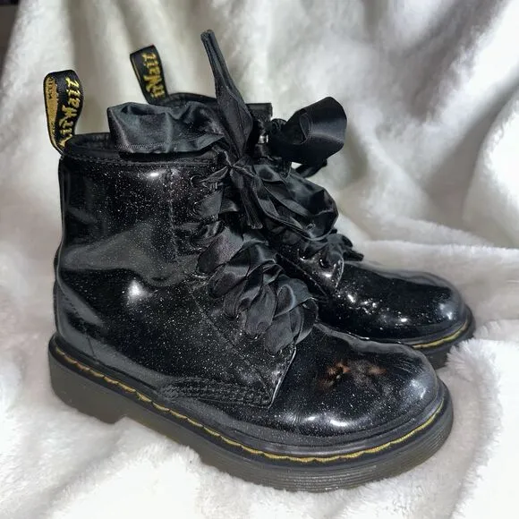Dr. Martens Black Sparkle Shiny Glitter 1460 Lace Up Kids Girls Combat Boots 12
