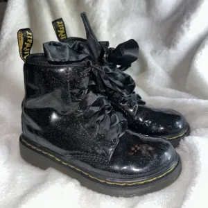 Dr. Martens Black Sparkle Shiny Glitter 1460 Lace Up Kids Girls Combat Boots 12