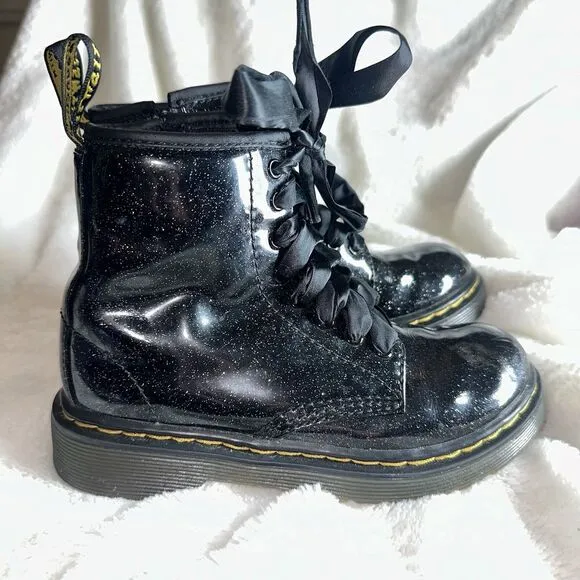 Dr. Martens Black Sparkle Shiny Glitter 1460 Lace Up Kids Girls Combat Boots 12