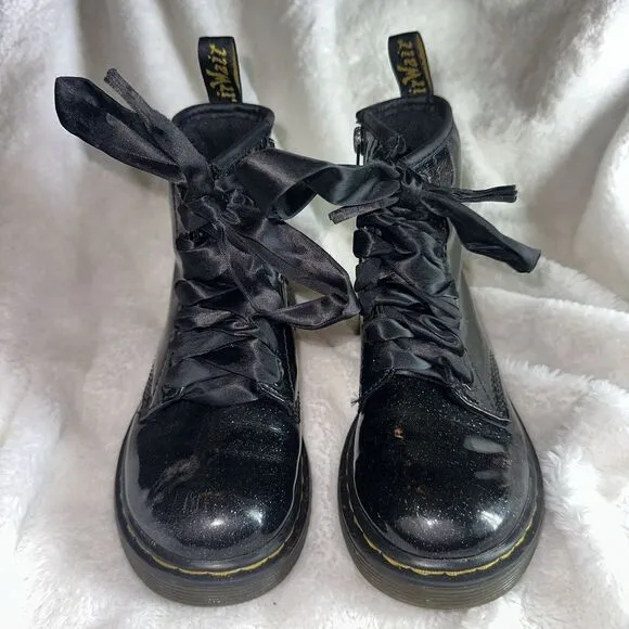 Dr. Martens Black Sparkle Shiny Glitter 1460 Lace Up Kids Girls Combat Boots 12