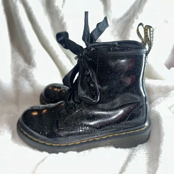 Dr. Martens Black Sparkle Shiny Glitter 1460 Lace Up Kids Girls Combat Boots 12