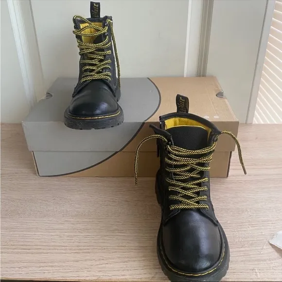 Dr. Martens Black/Yellow Kids Combat Boots - SZ 13 C