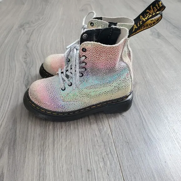 Dr Martens Boots Combat Kids Size 7 Rainbow Metallic Leather Pascal T Side Zip