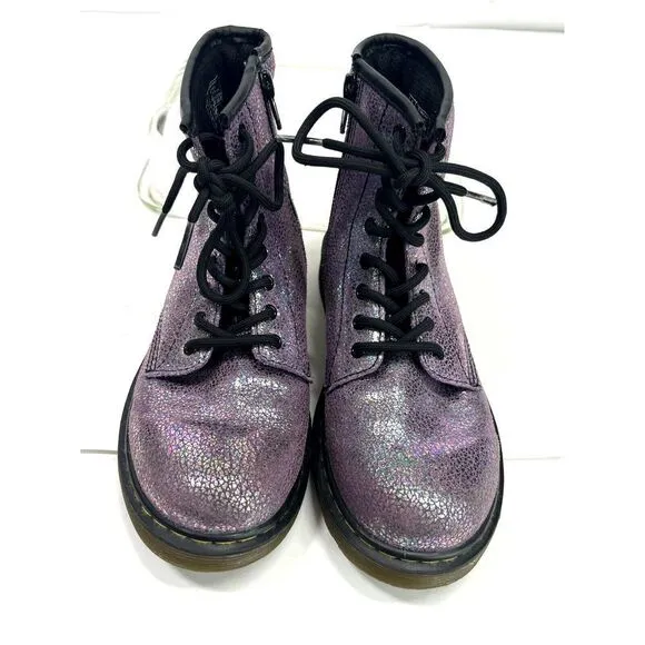 Dr. Martens Doc Delaney Holographic Combat Boots Big Girls Size 3 Purple Shimmer
