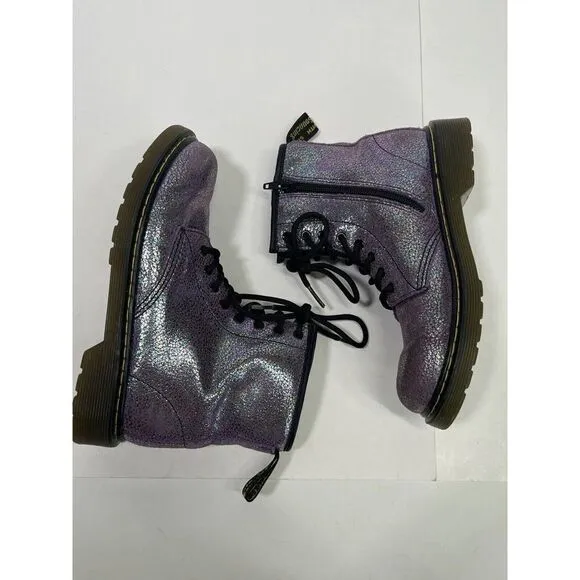 Dr. Martens Doc Delaney Holographic Combat Boots Big Girls Size 3 Purple Shimmer