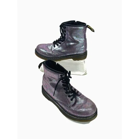 Dr. Martens Doc Delaney Holographic Combat Boots Big Girls Size 3 Purple Shimmer