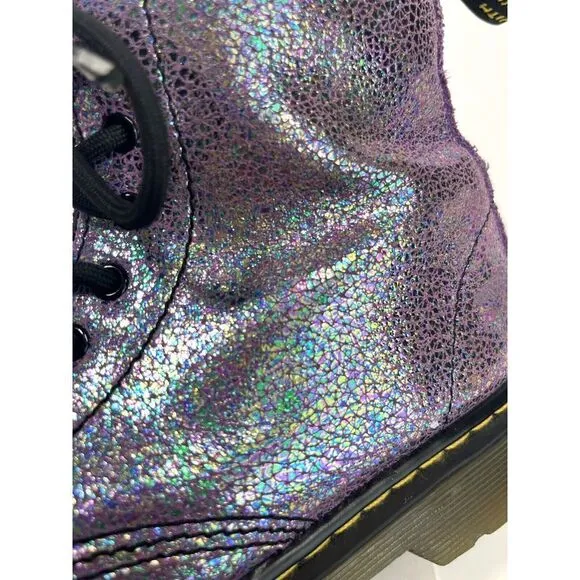 Dr. Martens Doc Delaney Holographic Combat Boots Big Girls Size 3 Purple Shimmer