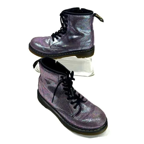Dr. Martens Doc Delaney Holographic Combat Boots Big Girls Size 3 Purple Shimmer