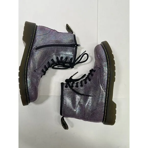 Dr. Martens Doc Delaney Holographic Combat Boots Big Girls Size 3 Purple Shimmer