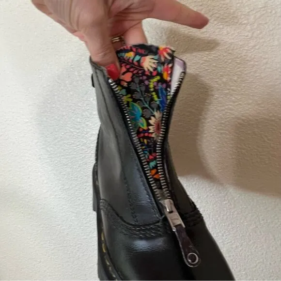 Dr. Martens Jetta Black floral front Zipper ankle combat boots CUSTOM 7 ladies