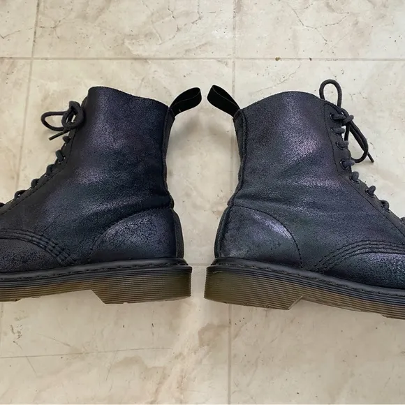 Dr. Martens Pascal Black Shimmery Leather Lace Up Moto Combat Boots size 8 AW004