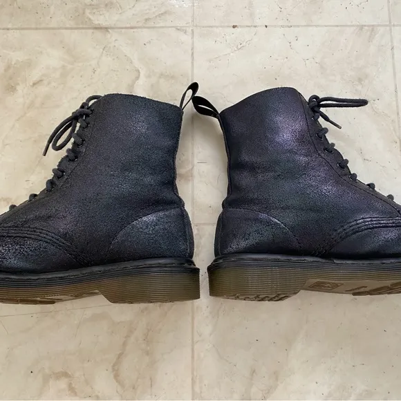 Dr. Martens Pascal Black Shimmery Leather Lace Up Moto Combat Boots size 8 AW004