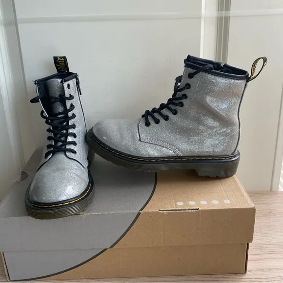 Dr. Martens Silver Glitter Kids Combat Boots- SZ 2 Y