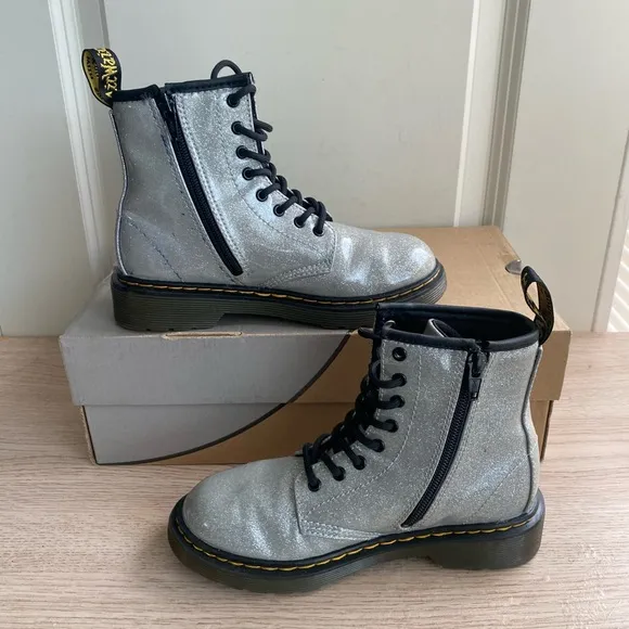 Dr. Martens Silver Glitter Kids Combat Boots- SZ 2 Y