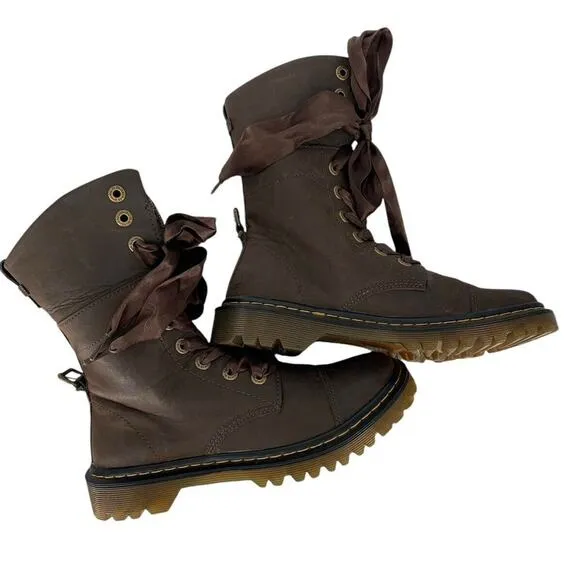 DR MARTENS Yuba Brown Leather Mid Lace Up Fold Over Combat Boots Womens Size 7 7