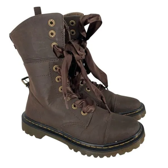 DR MARTENS Yuba Brown Leather Mid Lace Up Fold Over Combat Boots Womens Size 7 7