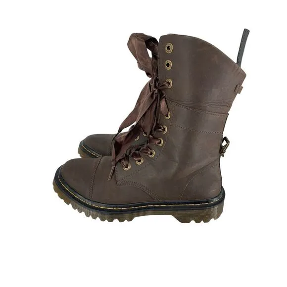 DR MARTENS Yuba Brown Leather Mid Lace Up Fold Over Combat Boots Womens Size 7 7