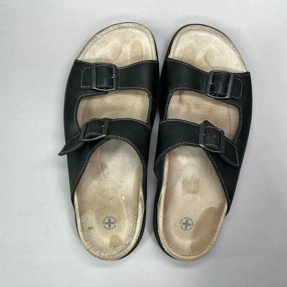 Dr. Martens Men's Size 11 Black Leather Double Strap &amp; Buckle Slide Sandals