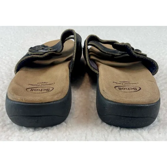 DR. SCHOLL’S • Black/Tan Strappy Buckle Slip-On Sandals