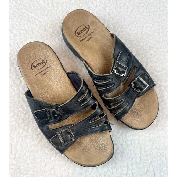 DR. SCHOLL’S • Black/Tan Strappy Buckle Slip-On Sandals