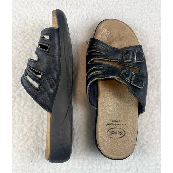 DR. SCHOLL’S • Black/Tan Strappy Buckle Slip-On Sandals