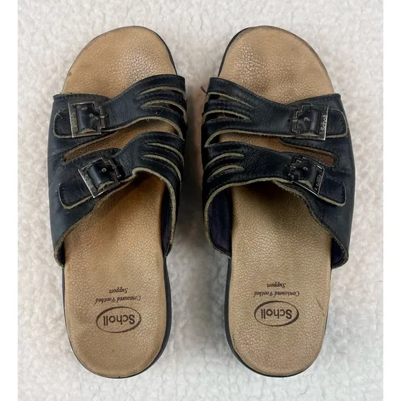 DR. SCHOLL’S • Black/Tan Strappy Buckle Slip-On Sandals