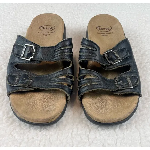 DR. SCHOLL’S • Black/Tan Strappy Buckle Slip-On Sandals