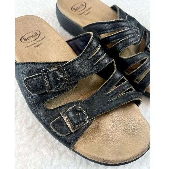 DR. SCHOLL’S • Black/Tan Strappy Buckle Slip-On Sandals