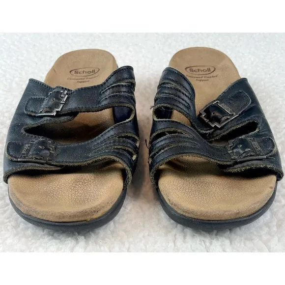 DR. SCHOLL’S • Black/Tan Strappy Buckle Slip-On Sandals