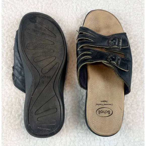 DR. SCHOLL’S • Black/Tan Strappy Buckle Slip-On Sandals
