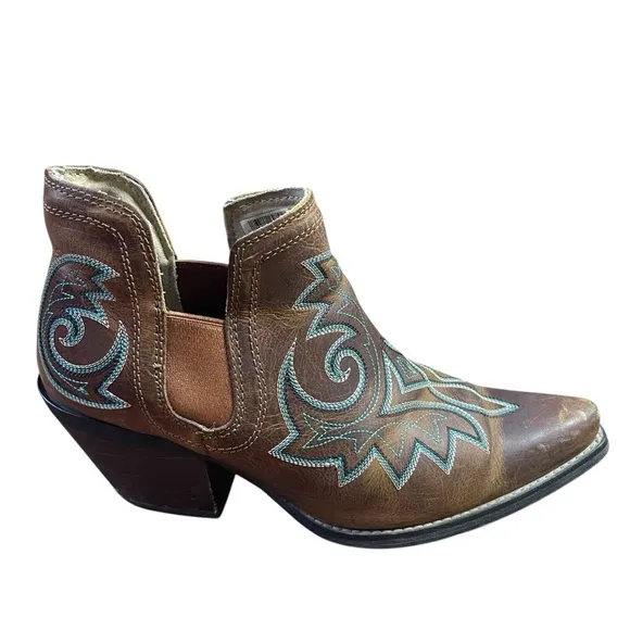 Durango Golden Brown Crush Ankle Boots Turquoise Embroidered Design Western