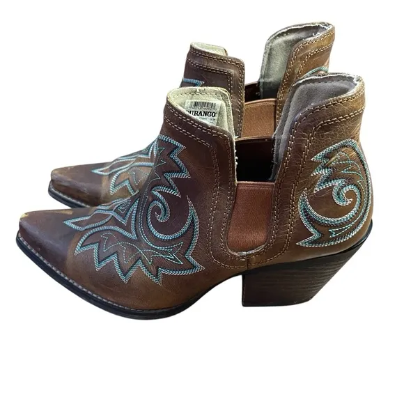 Durango Golden Brown Crush Ankle Boots Turquoise Embroidered Design Western