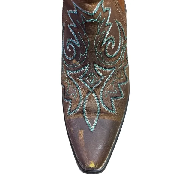 Durango Golden Brown Crush Ankle Boots Turquoise Embroidered Design Western