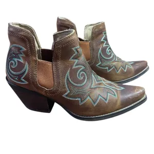 Durango Golden Brown Crush Ankle Boots Turquoise Embroidered Design Western