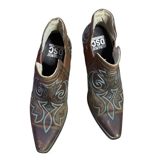 Durango Golden Brown Crush Ankle Boots Turquoise Embroidered Design Western