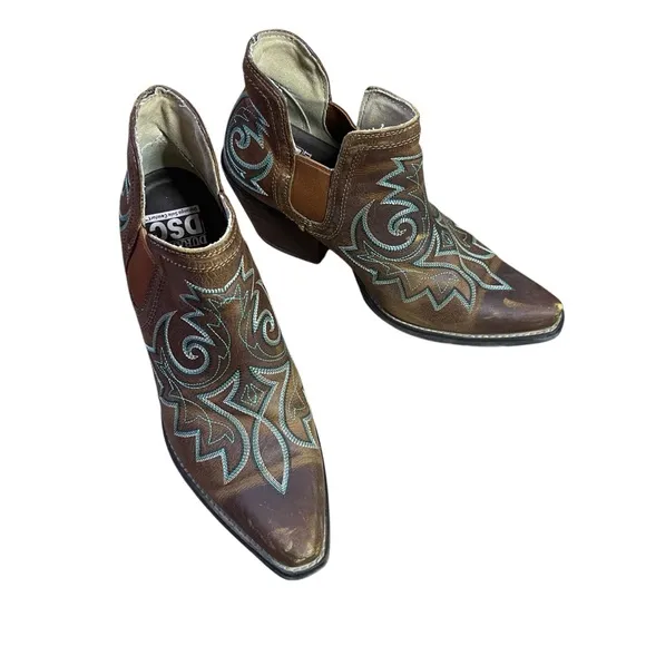 Durango Golden Brown Crush Ankle Boots Turquoise Embroidered Design Western