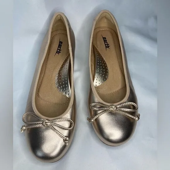 Earth Allegro Rose Gold Ballerina Flats Leather Upper Rubber Sole Size 6.5 Bow