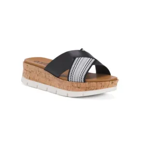 EARTH Black Leather Finale Casual Slip On Wedge Comfort Sandals