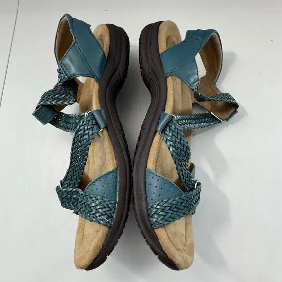Earth Origins Womens Stella Blue Braided Strap Sandals Leather &amp; Fabric Size 8