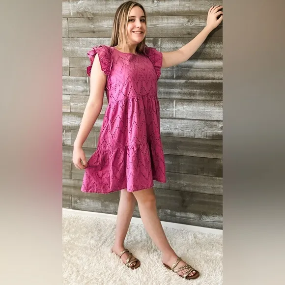 easel magenta mineral washed eyelet lace mini dress ruffle sleeves ED70232