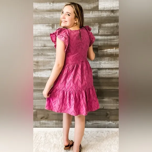 easel magenta mineral washed eyelet lace mini dress ruffle sleeves ED70232