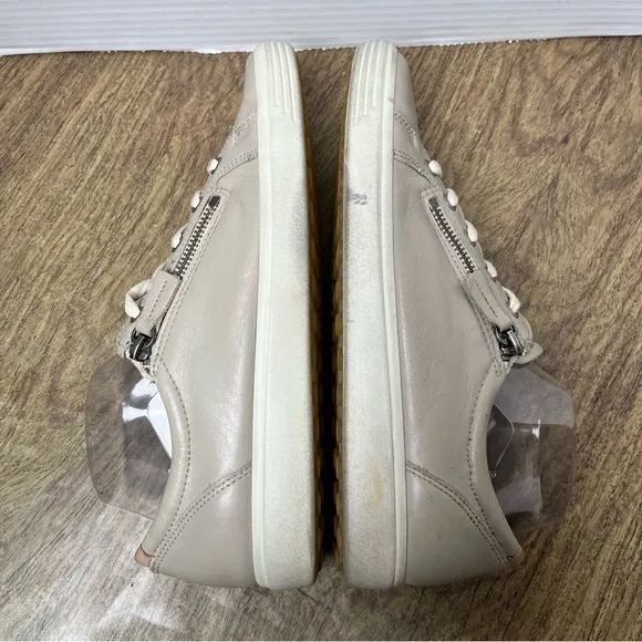 Ecco Leather Tan beige light gray Low Top Side Zip Lace Up Sneakers Size 11