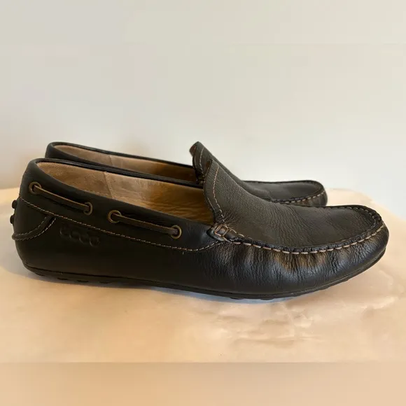 Ecco Mens EU 44 US 10.5 Classic Driving Moc Black Leather Slip On Loafers Shoes